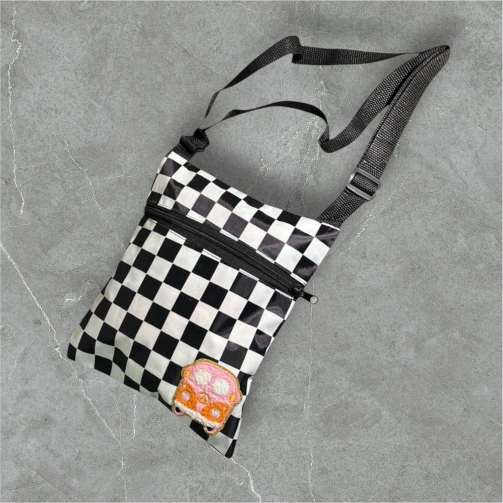Checkered Black and White crossbody bag with Pink and Orange Van Patch